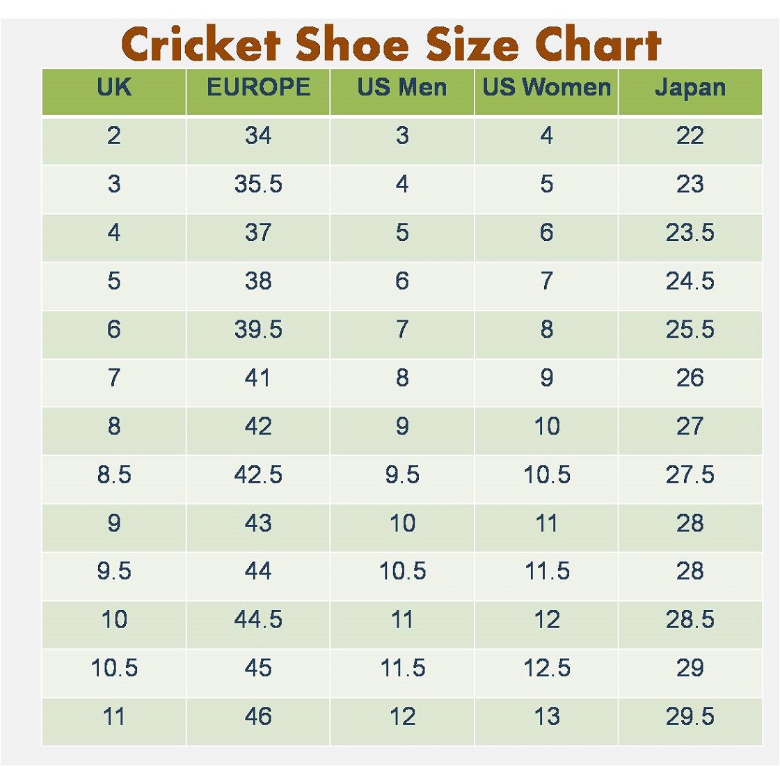 Printable Adult Shoe Size Chart 